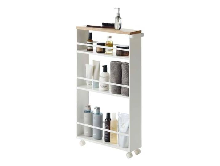 YAMAZAKI 3627 Tower Chariot de Service avec poignée\, Blanc\, Acier/Bois\, Design Minimaliste
