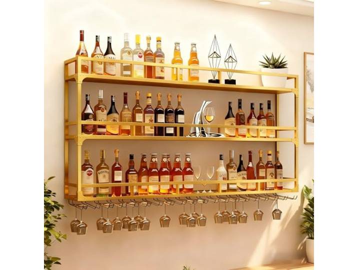 RAJYQODIS Weinregal Wand mit Glashalter, 3 Ebenen Weinpareite Display Rack, Weinflasche Glashalter Wandmontage für Esszimmer Home Bar Küche (Gold, 100cm)