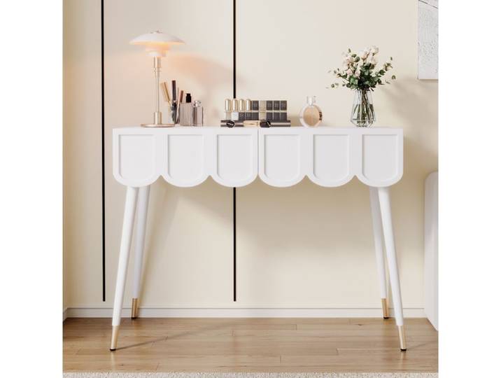 MEULVA Coiffeuse blanche 100 x 40 x 76 cm avec 2 tiroirs pieds métalliques sans miroir