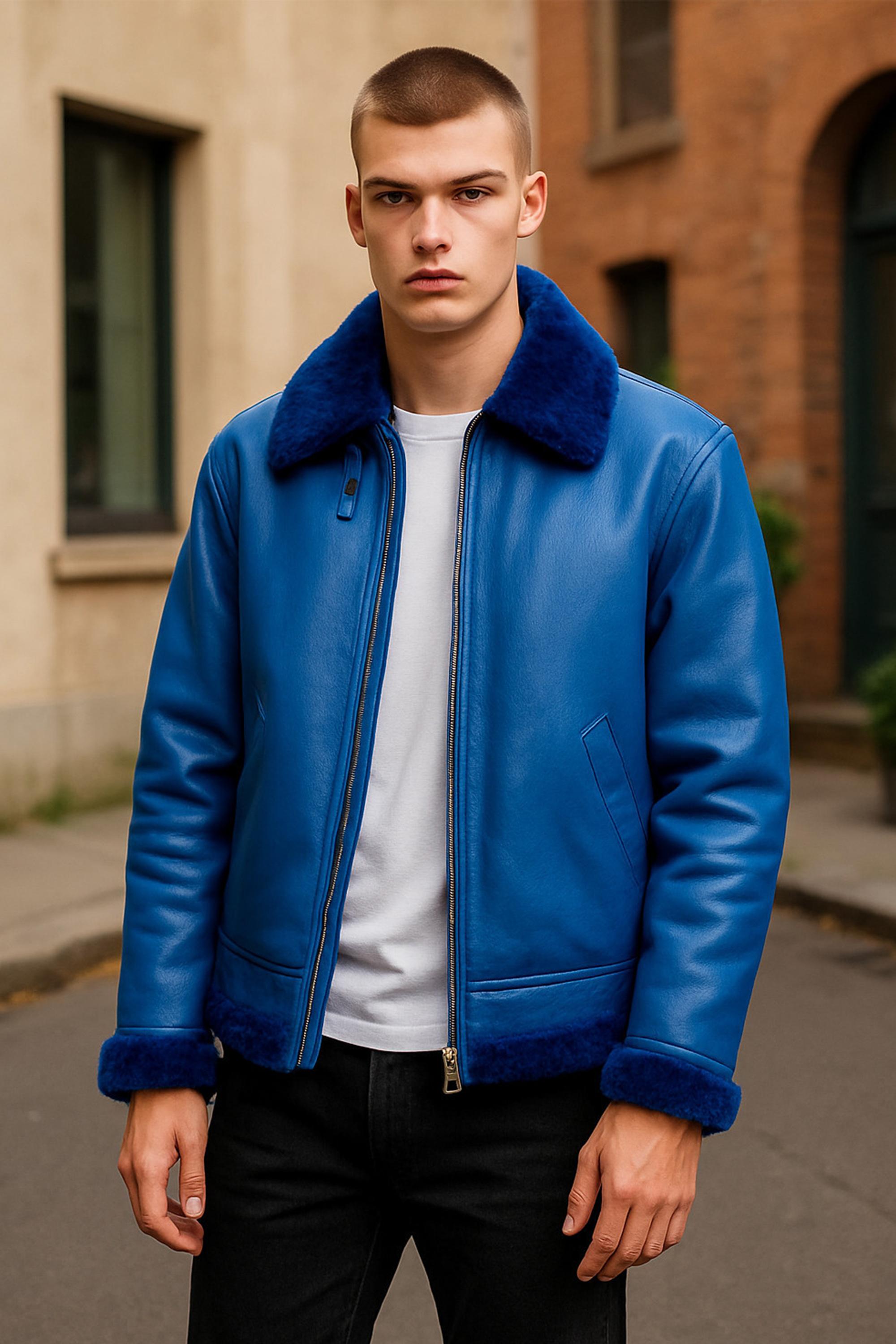 Infinity Leather B3 Bomberjacke RAF Aviator aus Schaffell für Herren - Blau