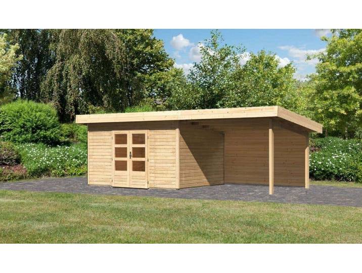 Gartenhaus Northeim 3 naturbelassen im Set mit einem Anbaudach Breite 3,3 m und 28 mm Rückwand