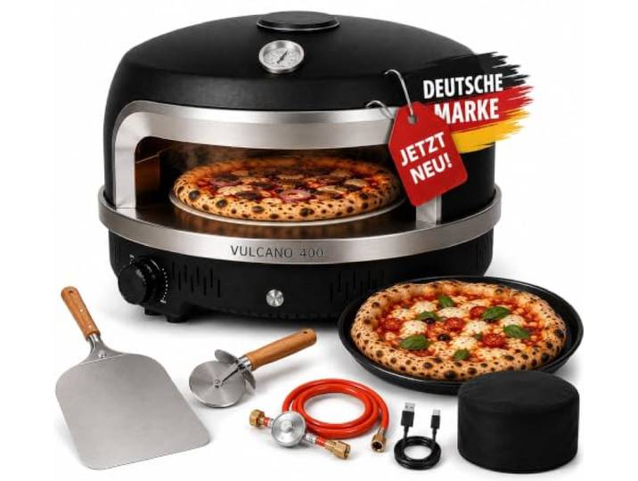 Gas Pizzaofen mit automatischem Drehteller, Outdoor Pizza Ofen bis 400 Grad, Pizza Oven mit USB C Anschluss, Steinofen Cordierit Pizzastein, 6,0 kW Gasbrenner, Komplettset Pizzaschaufel, Thermometer