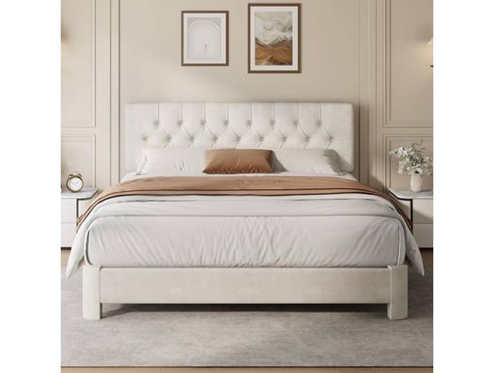 160 x 180 Bettrahmen mit Kopfplatte, Luxus Samt Stoff Polsterbettrahmen mit Knopf Tufted Design, starke Holzscheiben Unterstützung - Niedrig & Robust, Lärmfrei, Keine Boxfeder, Einfache Montage, Beige