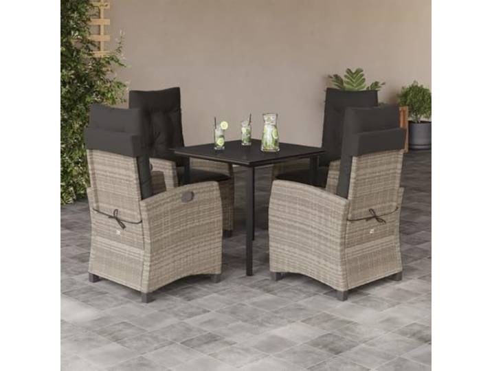 5-teiliges Gartenmöbel-Set, Glastisch und 4 verstellbare Sessel, grau Strapazierfähiges Polyrattan, Kissen abnehmbar, waschbar, verstellbare Rückenlehne, für Terrasse