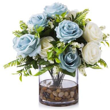 Enova Home Artificial 18 Heads Cream Blue Fake Silk Rose Flowers Arrangement in Clear Glass Vase with River Rock for Home Decor
