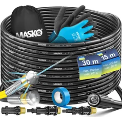 MASKO® Premium Rohrreinigungsschlauch Set Abflussreiniger 30m, 200 bar inkl. Tasche 3 Adapter 2 Düsen kompatibel mit Kärcher k2-k7 LAVOR Hochdruckreiniger Rohrreinigungsset + Handschuhe & Isolierband