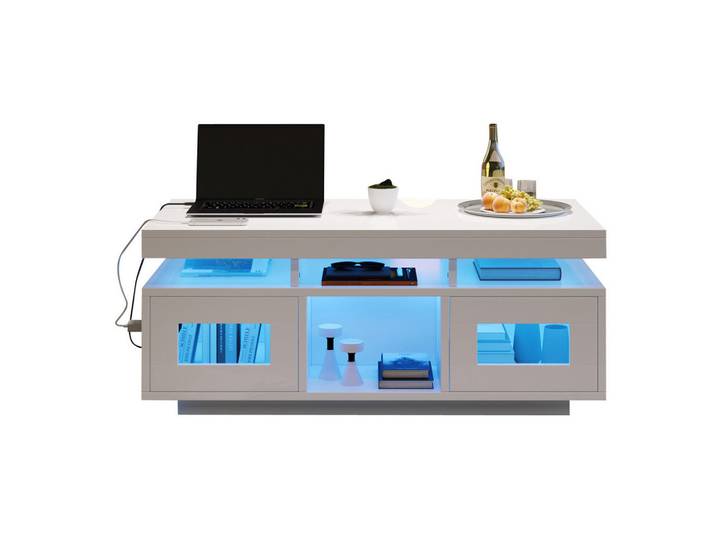 Okwish Couchtisch 100/50/43 cm Weiß mit App-gesteuerten LED-Leuchten und Schrankfunktion, 50x43x100 cm, Wohnzimmer, Wohnzimmertische, Couchtische