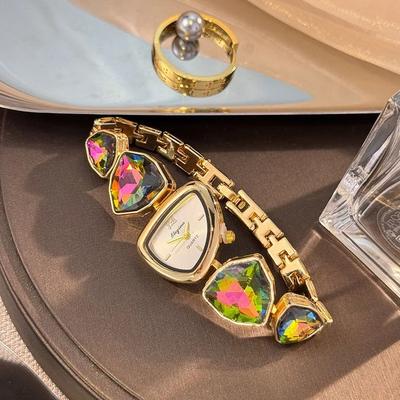 Uplift Essentials Lustrous Irregular Geometric Diamond Watch High Sense Light Luxury Timepiece With Artistic Big Diamond Accents colorful