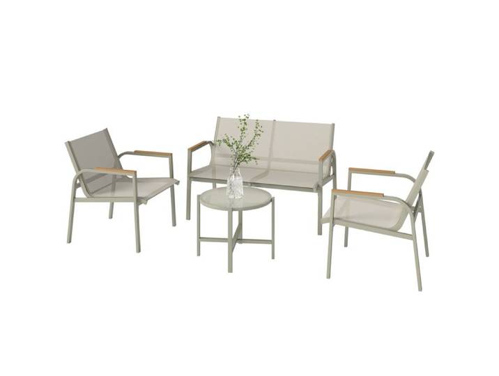 LIA Salon de Jardin Ensemble de Terrasse avec Canapé 2 Places 2 Fauteuils et Table Basse en Verre Trempé 4 Pièces Vert