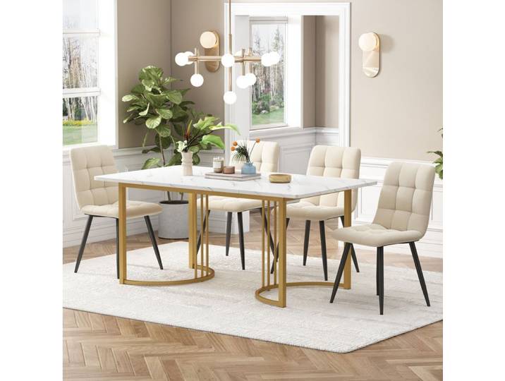 Ensemble Repas 5 Pieces Blanc Beige Table A Manger Moderne FloraGrace Pour Cuisine Pieds Reglables 140x80x75cm