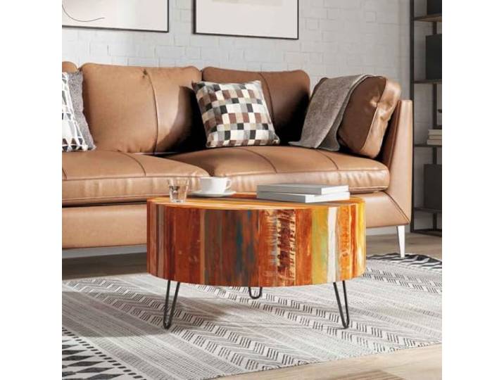 HEFZGDB Massiver Altholz Couchtisch Rund Antik-Stil mit Eisenbeinen für Stabilität und Langlebigkeit aus recyceltem Holz Unikat Vintage Möbelstück