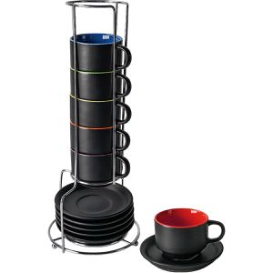 Miamio Espressotassen Le Papillon, schwarz/farbig, Keramik, 6 Tassen mit Untertassen, Set 13-teilig