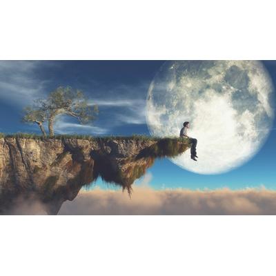 Fototapete PAPERMOON "Mann an Klippe vor Mond", bunt, B:3m L:2,23m, Vlies, Tapeten