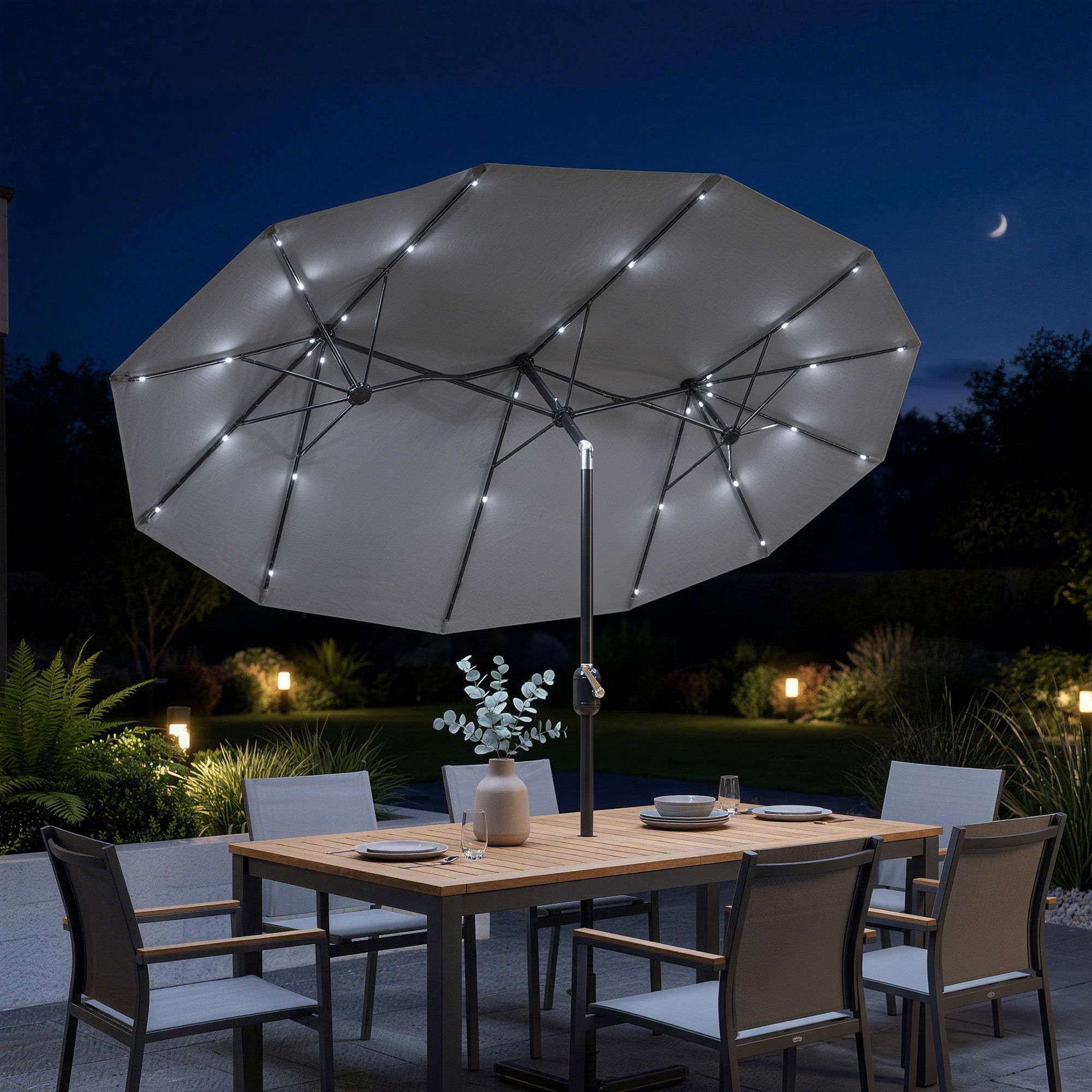 Outsunny Ombrellone doppio con Base a crocee Luci Solari, 295x150x219cm, Grigio Aosom