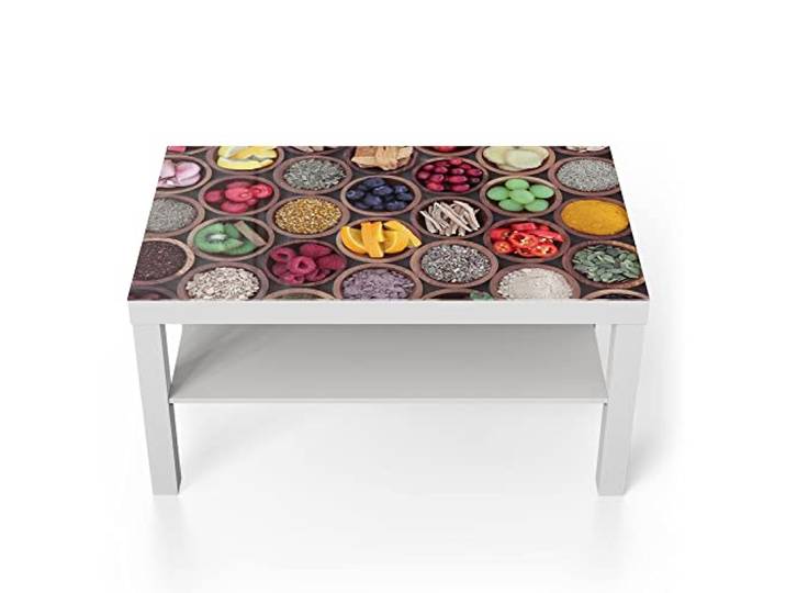 DEQORI Glastisch weiß groß 90x50 cm Motiv Superfood-Ensemble ausgefallener Beistelltisch aus Glas Hochglanz Couchtisch fürs Wohnzimmer moderner Couch Tisch mit Design