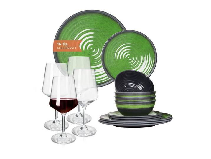 Moritz Geschirr-Set Camping Geschirr Stone Green + Milano Rotweingläsern