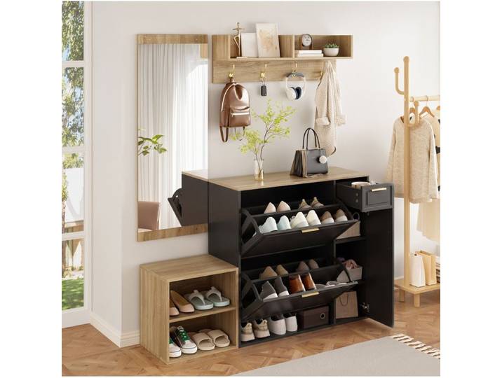 COVREO Ensemble d'entrée 4 pièces 139 5 x 35 x 166 cm avec meuble à chaussures banc panneau mural et miroir