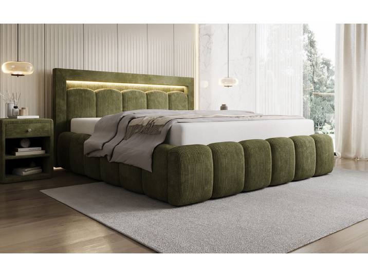 Designer Polsterbett Lume in Cord mit Stauraum und RGB Beleuchtung - 140x200 - Olive - Luxusbetten24