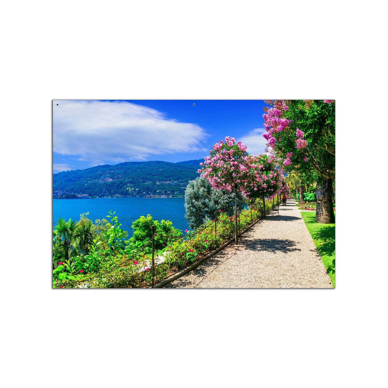 Wallario Gartenposter ca. 80 x 120 cm Blütenpromenade am Seeufer