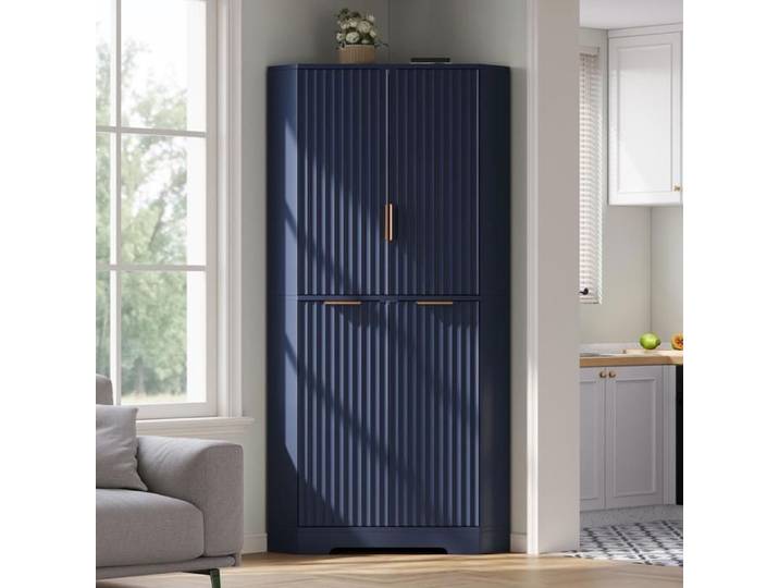 Buffet d'Angle - 60x60x172cm - Armoire Colonne avec 4 Portes Cannelées Ondulées Étagères Réglables Anti-Basculement - Bleu