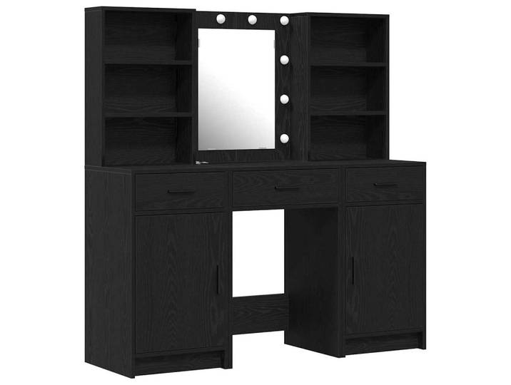 vidaXL Schminktisch Schminktischset mit LED 3 stk. Schwarz Eichen-Optik (3-St)