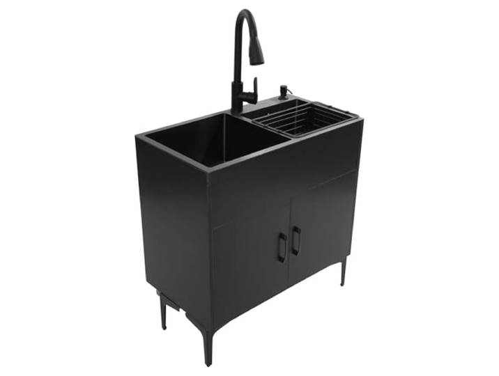 Freistehende Küchenspüle mit Schrank und ausziehbarem Wasserhahn, 75x41x78cm Edelstahl Gewerbliche Spültisch Doppelbecken Küchenspüle mit Entwässerungskorb und Abflusseinheit für Küche Wäsche/Schwarz