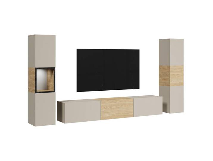 P & B Wohnwand Berlin, Eiche, Kaschmir, 3-teilig, 8 Fächer, kaltweiß, 240x130x31 cm, Fsc, stehend, hängend, Beleuchtung, spiegelbildliche Montage möglich, Wohnzimmer, Wohnwände, Anbauwände