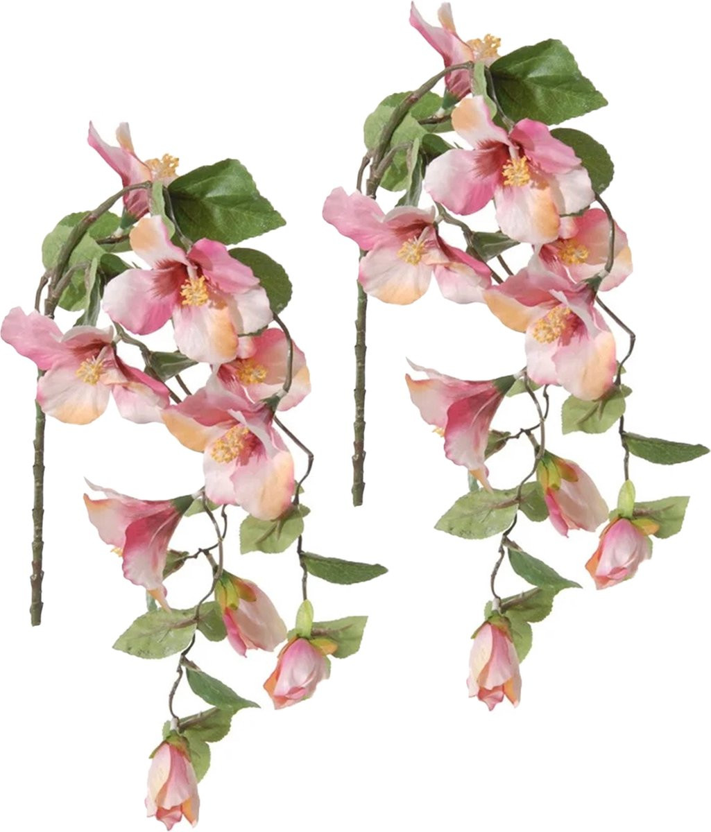 Louis Maes Hibiscus kunstbloemen - 2x - roze - hangende tak - 165 cm - levensecht pvc