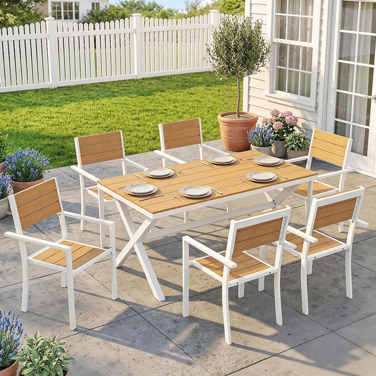 Pugsdrly Tuinmeubelset 7-delig met tafel en 6 stapelbare stoelen in teaklook en aluminium frame