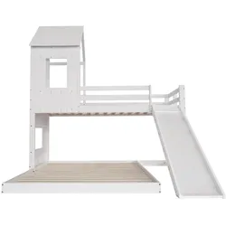 MODFU Etagenbett aus Kiefer und MDF in Weiß, 90x200/140x200 cm, mit Rutsche, Fallschutzgitter und Hausbett-Design