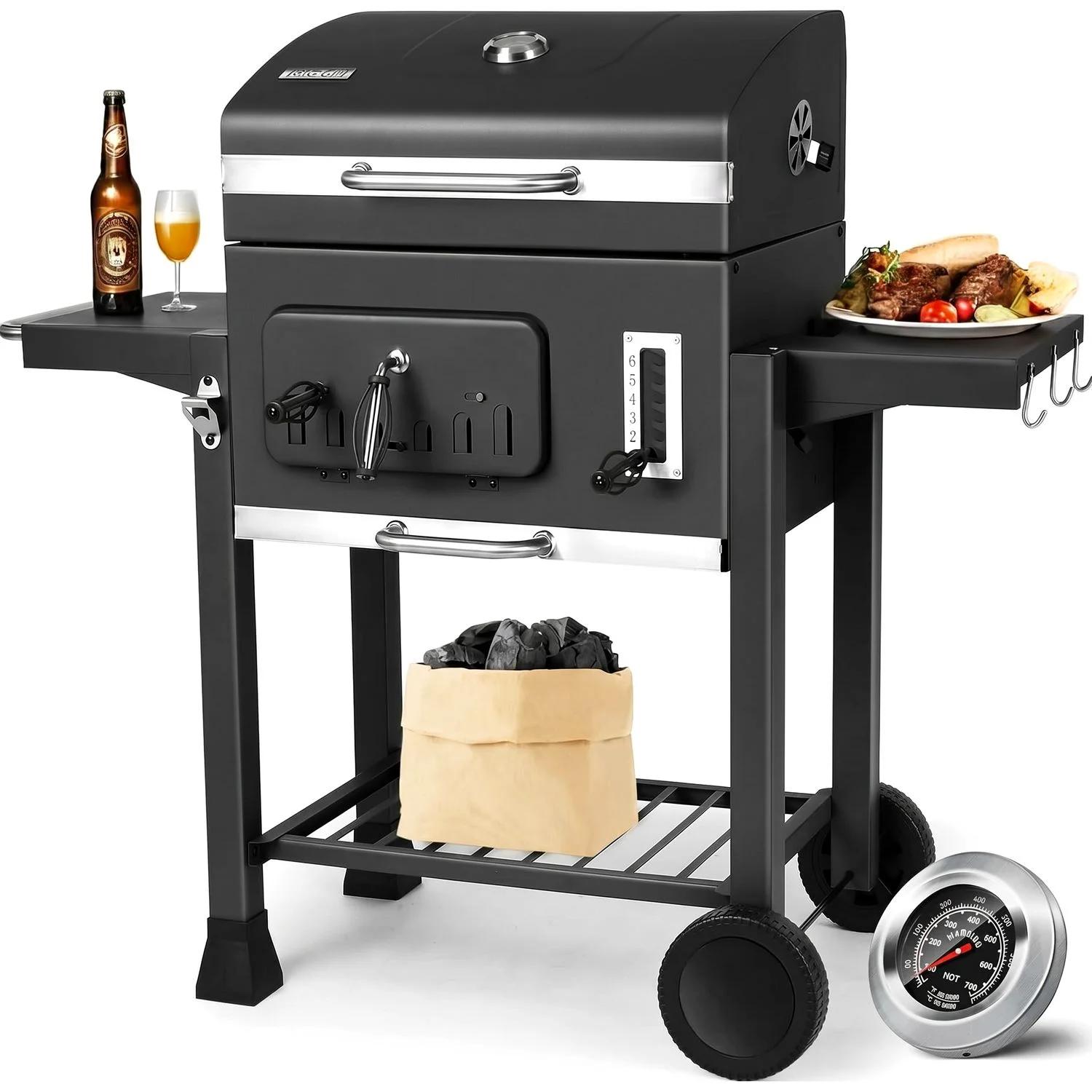 Holzkohlegrill - XXL Grillwagen - Mit Deckel - Thermometer - Smokergrill mit 2 Rädern - 2 Ablagen für Camping & Garten - Schwarz