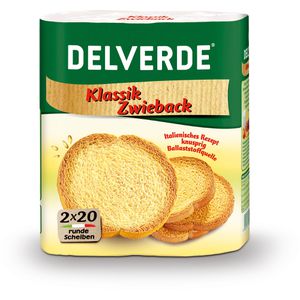 Delverde Zwieback Klassik, laktosefrei, vegan, 300 g, je 20 Scheiben, 2 Pack