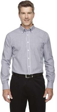 Devon & Jones D645 Men's Crown Collection Banker Stripe Woven Dress Shirt in Navy Blue size Small   Cotton/Polyester Blend