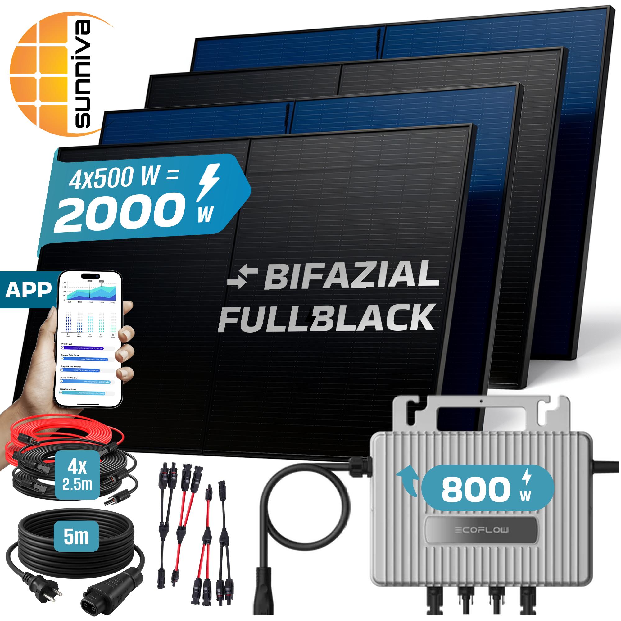 SUNNIVA 2000W Balkonkraftwerk BIFAZIAL FULLBLACK komplett Steckdose Ecoflow 800W Wechselrichter, PV Solaranlage, 5m Kabel, Bluetooth WIFI