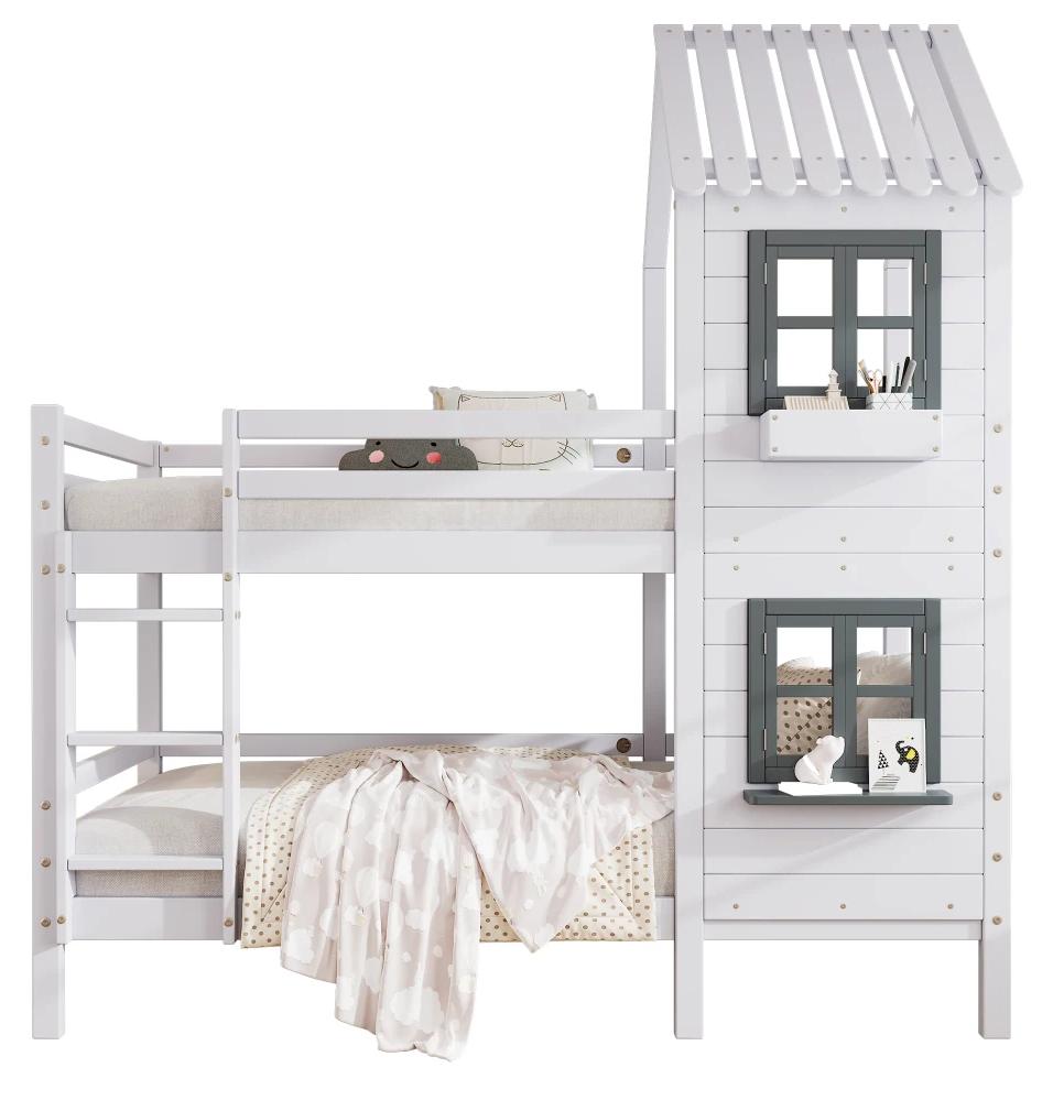 Hausbett für Kinder - Etagenbett - 90 × 200 cm - Massives Kiefernholz - Sicherheitsgitter - Fensterdesign - Stauraum - Weiß