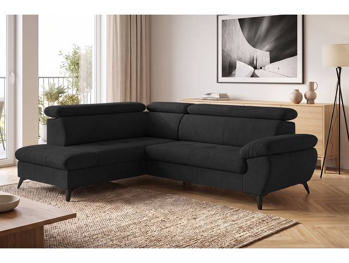 Ecksofa, Struktur Fein, Schwarz, 256×100×207 cm, Mit Bettfunktion & Stauraum, Cotta