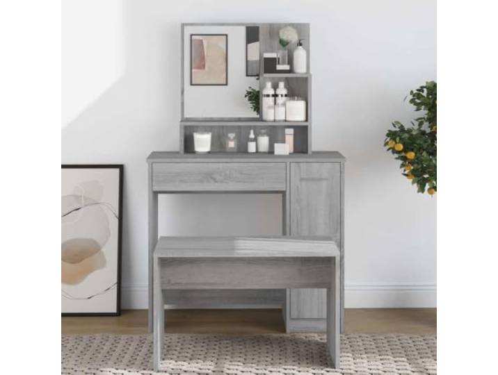 ZXQVLMRS Schminktisch mit Spiegel Grau Sonoma, Frisiertisch 86,5x35x136 cm Inklusive Schublade und Tür, Stabiler Holzwerkstoff, Zeitloses Design