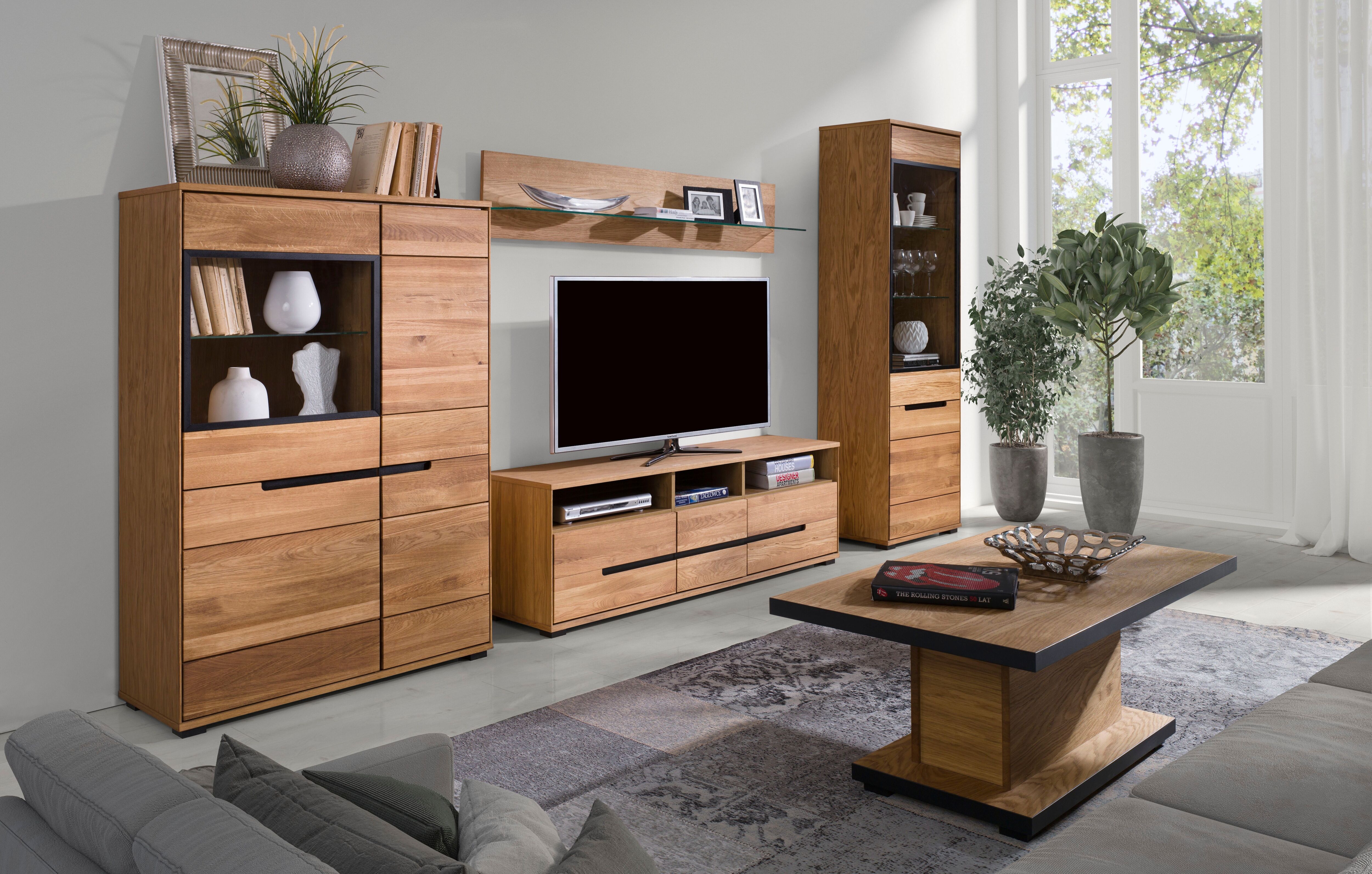 Highboard HOME AFFAIRE, braun, B:102,5cm H:196,5cm T:40,5cm, Holz teilmassiv, Sideboards, Highboard, Schwarze Elemente, viel Stauraum, Türen mit dampfer, Wohnzimmer braun B/H/T: 102,5cm x 196,5cm x 40,5cm, Eiche, 4 Stk.
