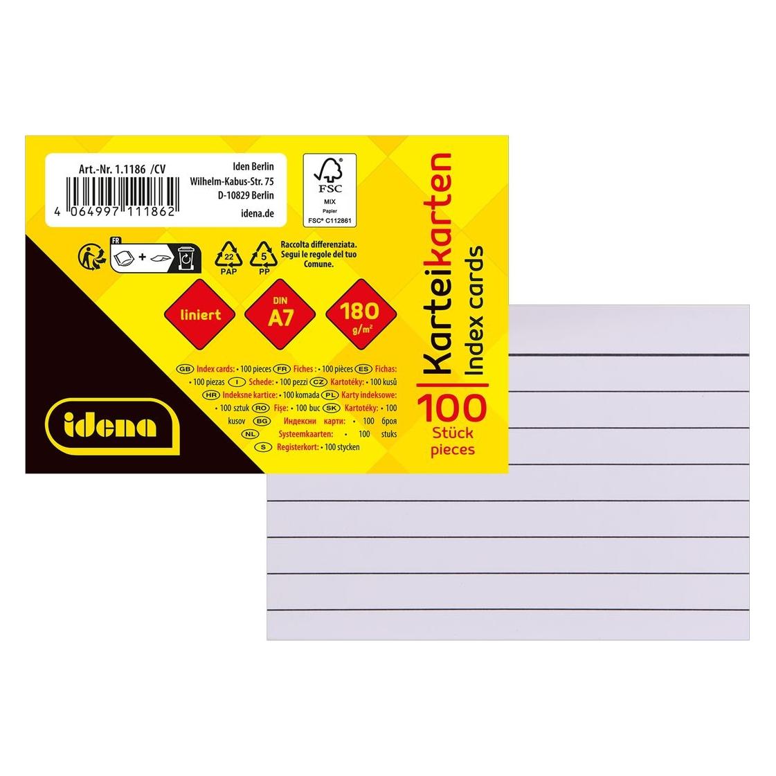 Idena Karteikarten liniert weiss DIN A7 100 Stück (A7, 100x, 180 g/m²) (49287831)