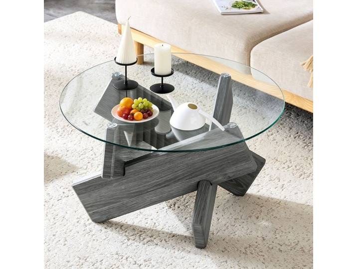 Table Basse Ronde en Verre - BELLEMAVE - Pieds en Bois Croisés - Plateau épais - Table de Salon - 79 × 79 × 45 cm - Gris
