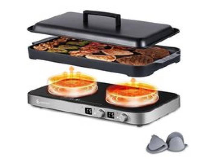 AMZCHEF Plaque Induction 2 foyers 3000W avec plaque gril amovible 9 niveaux de puissance pour BBQ camping