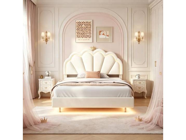 Lit double 140x200 cm lit enfant fille avec éclairage LED tête de lit coquillage capitonné velours sommier à lattes Beige