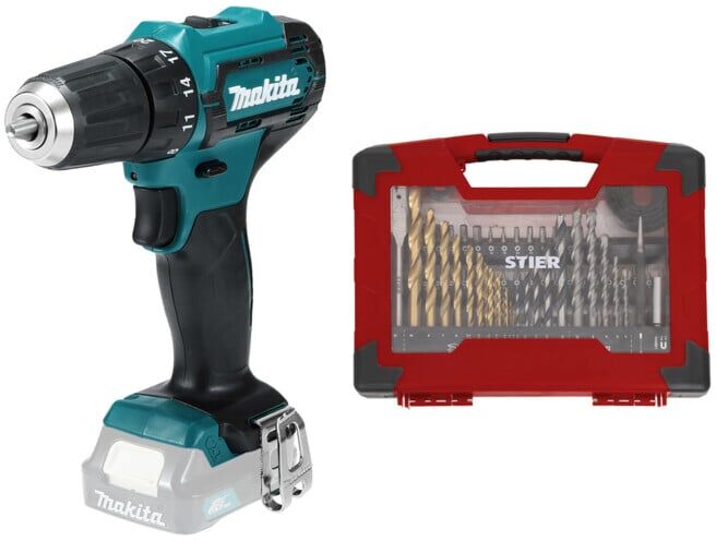 Set Makita Akku-Bohrschrauber 12V DF333DZ + STIER TiN-Bohrer-, Säge- und Bit-Set 100-teilig