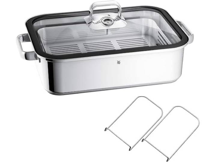 WMF Vitalis Aroma Dampfgarer, Bräter Induktion, 41x27x10 cm, Auflaufform 6,5l, Glasdeckel Silikonrand, Dampfgarer für Backofen, Garthermometer, Garblech, Cromargan Edelstahl unbeschichtet