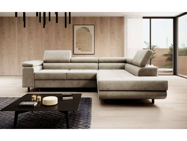 Designer Ecksofa Costa mit Schlaf- und Klappfunktion aus Samt - Beige - Rechts - Luxusbetten24