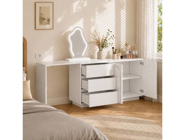 Coiffeuse blanche 140x40x75cm miroir LED 3 couleurs plateau extensible 3 tiroirs sans tabouret