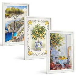 BILDER SET 3er Set - 40x60 cm Weißer Rahmen - Blick auf das Meer aus Zitronenbäumen