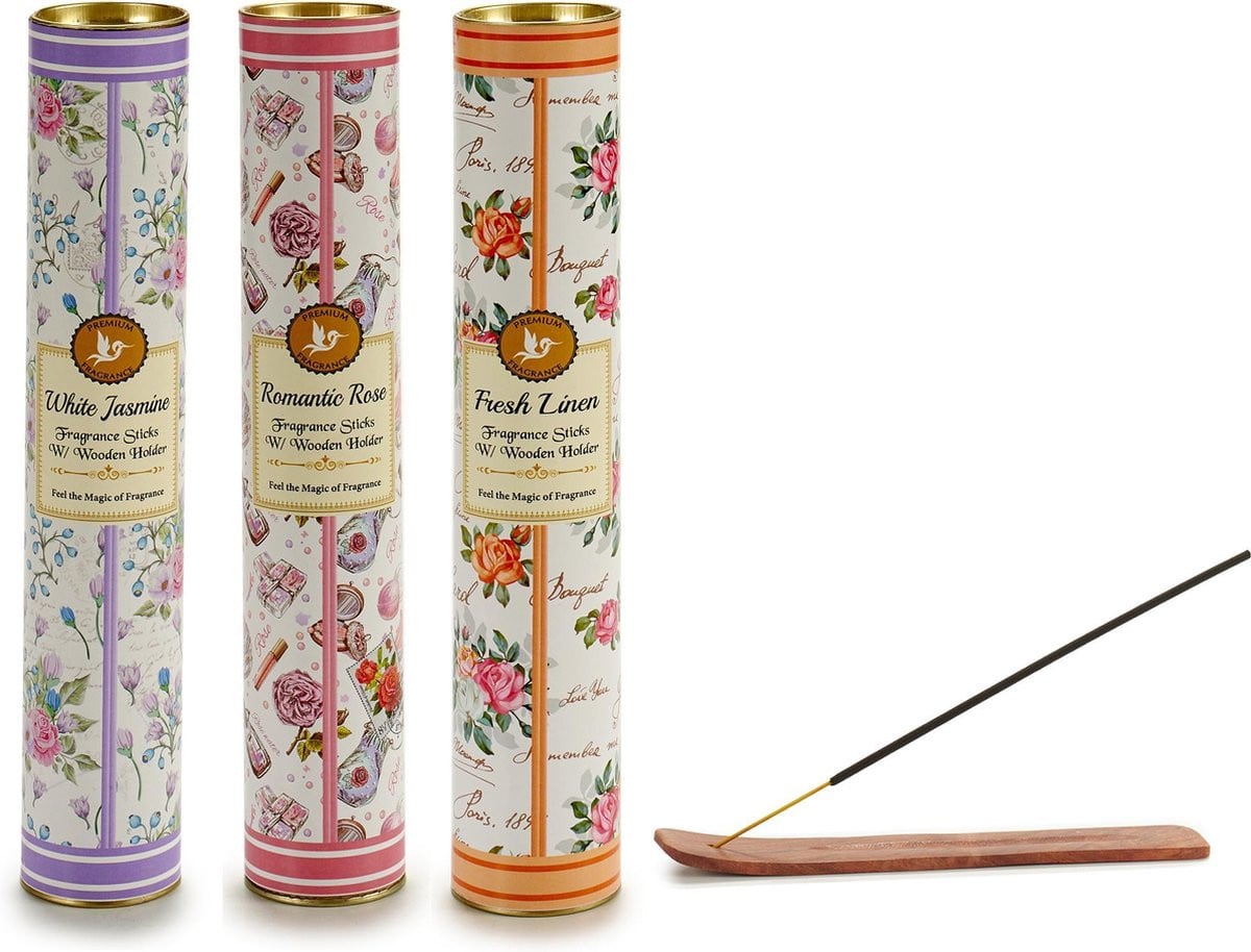 Wierookset met 3 geuren en 3 houten houders - 90 wierookstokjes (White Jasmine, Romantic Rose, Fresh Linen)