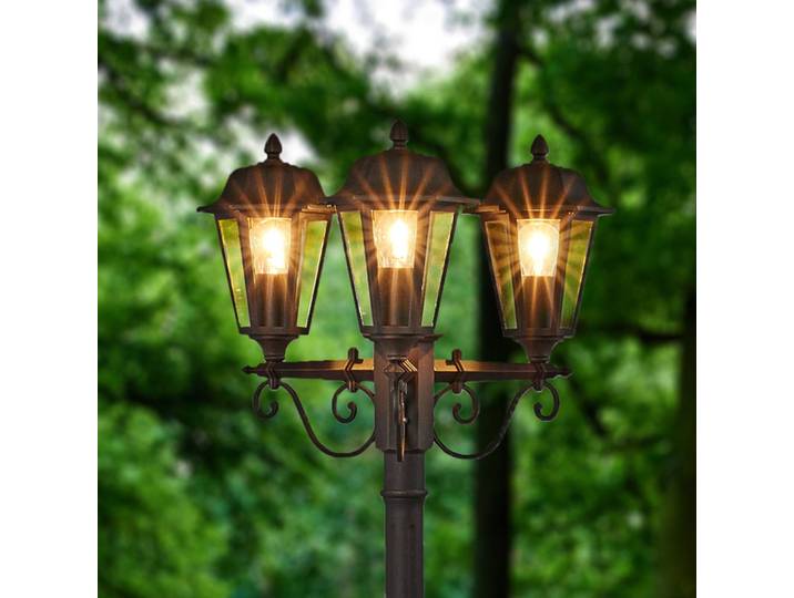 Lindby buitenlamp Lamina, 172cm, 3-lamps, zwart-roest, E27 Lamina, bruin / roest, Aluminium, Antiek