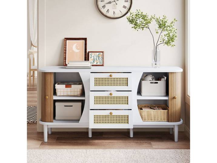 VUENOR Buffet bas 140 5 x 40 x 76 cm blanc et bois – 3 tiroirs rangement